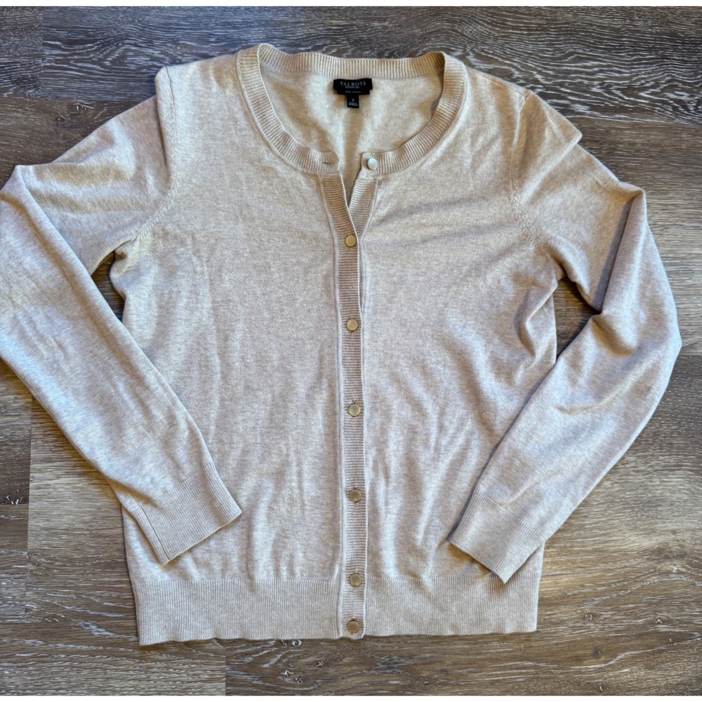 Talbots Pima Cotton Cardigan Sweater Beige Oatmeal Heather Small Womens